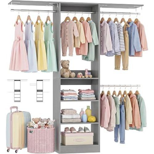 48" Small Closet System, Space-Saving Wall-Mounted Wardrobe Organizer, Mini Garment Rack for Narrow Spaces, Morning Outfit Prep Station & Nursery Dress-up Storage,Grey