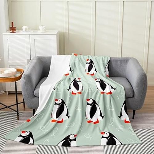 jejeloiu Kids Puffin Plush Throw Blanket, 40"x50" Puffin Bird Drawing All Season,Bed Blanket for Boys Girls Teens Bedroom Decor Polar Animal Fish Flannel Fleece Blanket Women Men Cute Animal Green