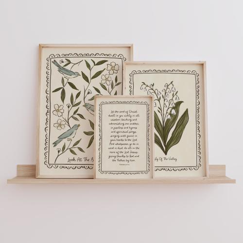 3 Piece Wall Art Set, Lily of the Valley, Folk Bird Scripture Prints