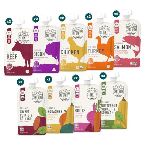 Serenity Kids 6+ Months Meats + Veggies Mixed Baby Food Puree Pouch Variety Pack 18 Count- No Sugary Fruits or Added Sugar - 3.5 Oz BPA & Allergen Free Pouch- Baby Puree Variety Pack - Pouches - Bison