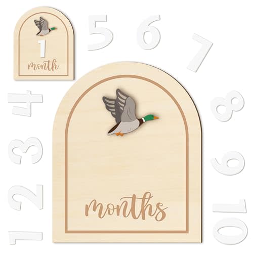 R HORSE Baby Monthly Milestone Cards, 14Pcs 3D Mallard Duck Wooden Monthly Milestone Discs with Number Cards, Newborn Months Signs Announcement Baby Shower Photo Props Gifts for Girls Boys
