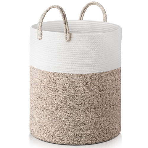 Large Cotton Rope Basket, 15"x15"x20"(58L) Woven Baby Laundry Blanket Basket, Toy Basket with Handle, Laundry Hamper for Storage, Blanket Basket for Living Room, Laundry, Nursery(Brown&White)
