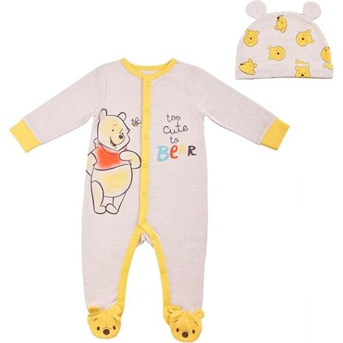 Disney Winnie the Pooh Boys’ Long Sleeve Romper and Hat Set for Newborn – Yellow/Beige or Orange