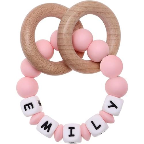 Baby Rattle Teether Personalized Name Educational Toy(Light Pink)