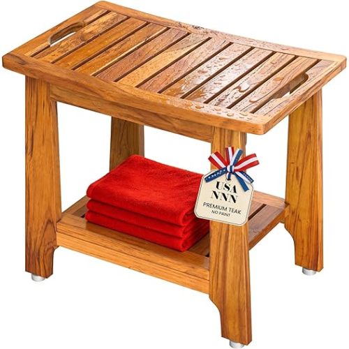 14" Compact Teak Shower Stool with Shelf & Handle - Waterproof, Non-Slip Bath Bench for Small Bathrooms/Tub/Outdoor Use, 300 lbs Capacity (Patented)