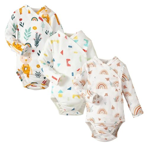 DEFAHN Baby Side Snap Bodysuit Kimono Onsies Newborn Boy Girl 3-Pack 100% Cotton Basic Pattern Kimono Bodysuits