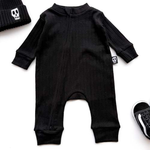 BABY POINTELLE BLACK ZIP UP FOOTLESS ROMPER