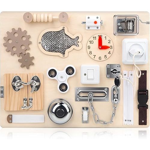 Montessori Busy Board for Toddlers 1 2 3 4 Year Old, Wooden Sensory Toys, Preschool Learning Activities for Fine Motor Skills Travel Toy, Basic Life Skills Educational Gifts for Age 1-3 Kids Boy Girl