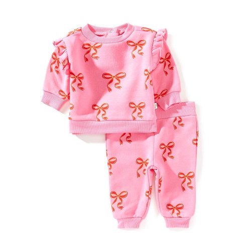 Adventurewear 360 Baby Girls Knit Bow Print Crew Neck Ruffle Top & Bow Leggings Set