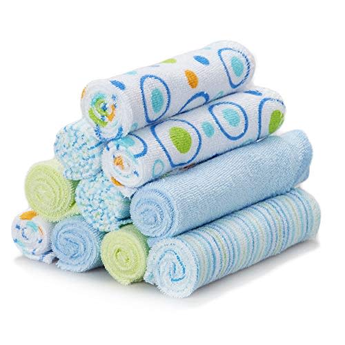 Spasilk Washcloth Wipes Set for Newborn Boys and Girls, Soft Terry Washcloth Set, Pack of 10, Blue Circles