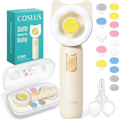 COSLUS Baby Nail File, Baby Nail Trimmer Electric, Baby Nail Clipper - Gentle, Quiet with 360° Light, Safe for Sleep Time Grinding, 16-in-1 Kit for Newborn, Infant & Toddler (C50, Lemon Yellow)