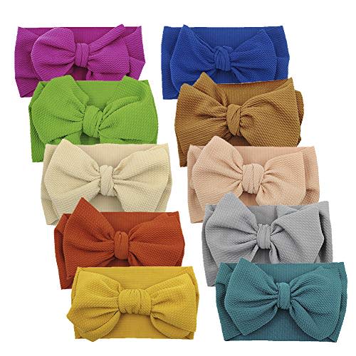 KIDOCHEESE Headbands with Bows, Big Bows Baby Girl Hairbands, 10 Pack, Soft Fabric, Adjustable Size, Hair Accessories for Newborn Infant Toddlers Kids
