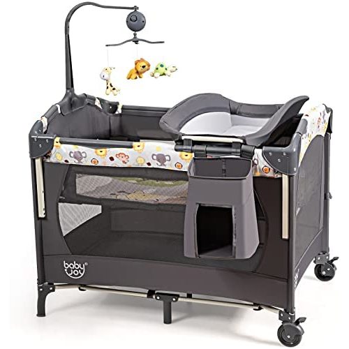 BABY JOY 4 in 1 Pack and Play, Multifunction Baby Bedside Sleeper with Bassinet, Changing Station and Activity Center, 3 Adjustable Heights, Portable Playard w/Music Box, Wheels/Brakes, Bag (Grey)
