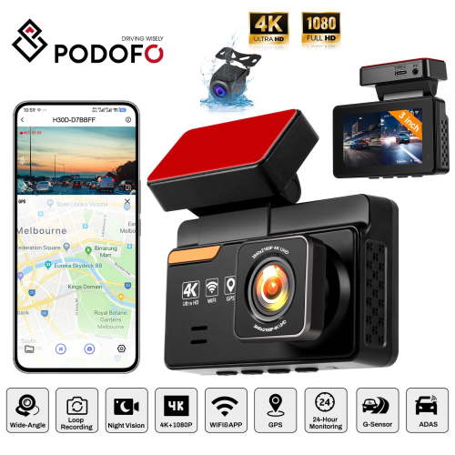 Podofo 4K Dual Dash Cam Front and Rear - 150° Wide Angle Car Camera with ADAS/BSD/LCA, Built-in GPS, WiFi, 24H Parking Monitor, G-Sensor, Seamless Loop Recording,Night Vision