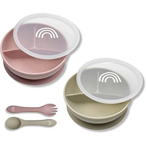 Hippypotamus Suction Bowls with Lids & Utensils - Baby & Toddler - 100% Food-Grade Silicone Divided Bowls - BPA Free - Dishwasher Safe - Set of 2 (Blush/Nude)