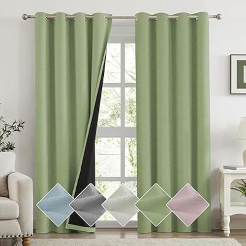 Melodieux 100% Blackout Curtains 96 Inches Long, Thermal Insulated Linen Blackout Curtains for Bedroom Living Room, Grommet Green Windows Curtain & Drapes with Black Back, 52" W x 96" L, 2 Panels