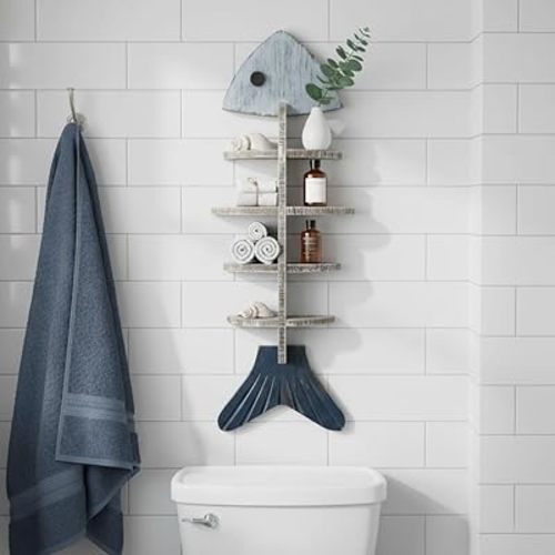 Wooden Fish Wall Shelf, 26.75" Vintage Fishbone Floating Shelves, Nautical Coastal Beach Theme Wall Decor, Distressed Wood Display Rack for Bathroom, Living Room, Lake House