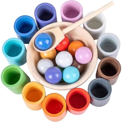 Rainbow Balls in Cups Toddler Montessori Toys for 3 Year Old Up, Kids Preschool Wooden Matching Games for Learning Color Sorting and Counting
