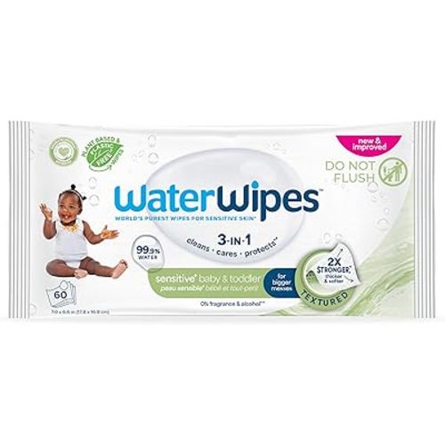 WaterWipes Sensitive+ Baby & Toddler Wipes, 3-In-1 Cleans, Cares, Protects, 99.9% Water, Textured Clean, Unscented & Hypoallergenic, 60 Count (1 Pack)