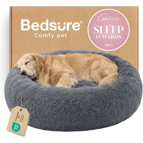 Bedsure Calming Dog Bed Medium Large Size Dogs Washable Pet Bed,33ins | Fluffy Faux Fur Round Donut Cuddler,Anti-Slip Bottom,Anti-Anxiety,Deep Sleeping for Pets Up to 65 Lbs,Dark Grey