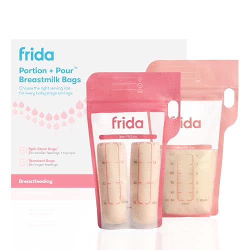 Frida Mom Breastmilk Storage Bags, 100ct Variety Pack, Standard & Splitstash Freeze & Thaw Milk Bags for Breastmilk, Leakproof Seal, Perfect Pour Spout, Precise Portions, No Slip Finger Grip, BPA Free