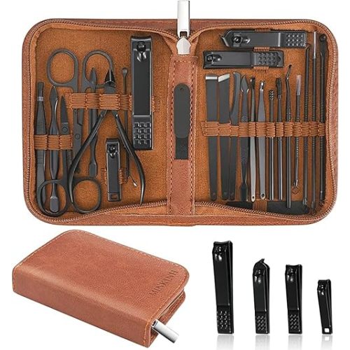 MINKINH Manicure Set Professional Nail Clipper Kit-26 Pieces Stainless Steel Manicure Kit,Nail Care Tools with Luxurious Travel Case (Brown)