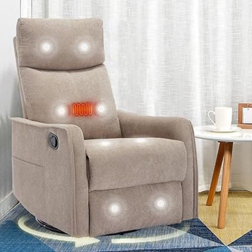 cinkehome Swivel Rocker Recliner Chair with Heated Massage, Rocking Reclining Chairs for Nursery, Small Spaces, High Back, Side Pocket