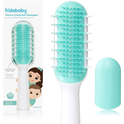 Frida Baby Detangling Hairbrush for Thick or Curly Hair, Toddler Hairbrush, Detangler Brush for Kids, Wide-Tooth Comb & Bristle Combo, Loosens Knots Without Tears or Breakage, Wet or Dry Use, Teal
