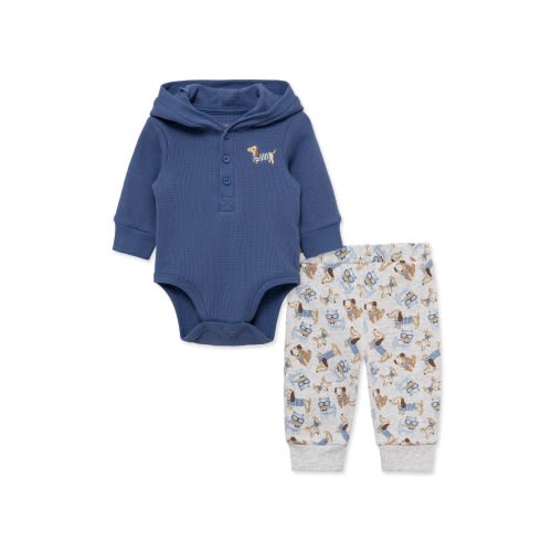 Puppy Waffle Hooded Bodysuit & Knit Pants Set, 3M