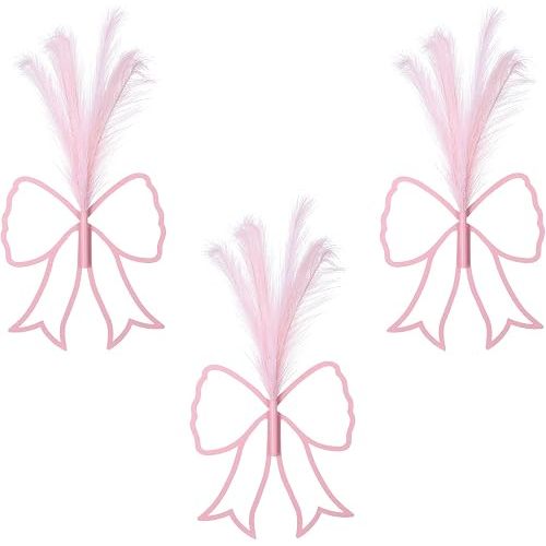 3Pcs Bow Wall Decor Art Hanging Planters Pink Metal with Artificial Pampas