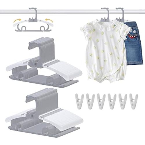 80 Pack Baby Clothes Hangers with 32 Clips, 11-15 inch Adjustable Kid Hanger, Multifunctional Children Hanger for Girl Boy Toddler Kids Child(Grey)