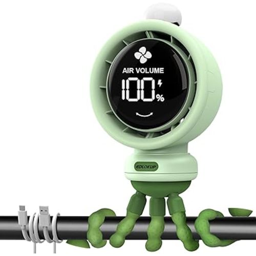 Portable Bladeless Stroller Fan with 135° Auto Oscillation, 3-Color LED Night Light, Rechargeable Battery & Flexible Tripod for Baby Stroller, Car Seat, Crib, Travel - Safe 6mm Gap Design (Green)