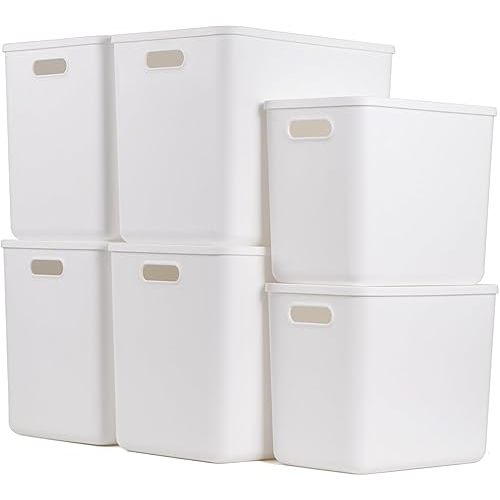 DOUKE White Large Plastic Storage Bins with Lids, 30qt & 16qt Closet Organizers and Storage Tubs, 12" Deep Lidded Aesthetic Storage Containers(4XL+2L)