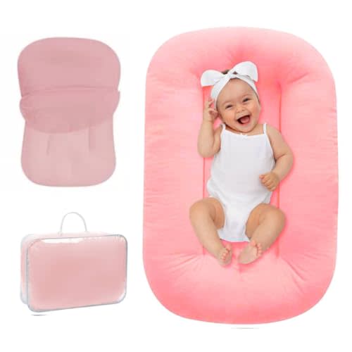 Baby Lounger 0-18 Months, Baby Lounger for Newborn, Soft Organic Cotton Breathable Lounger for Infants (Pink Baby Lounger)