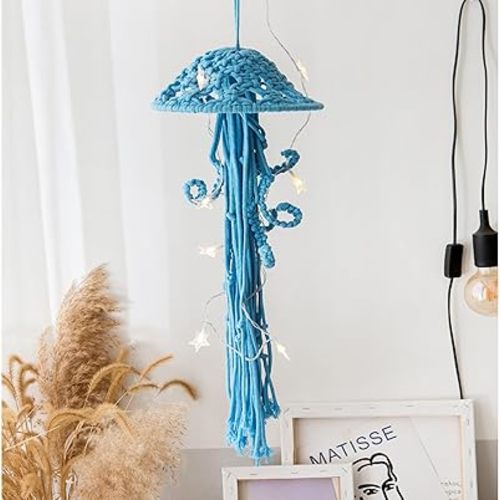 Macrame Wall Hanging,Jellyfish Dream Catcher with Star Lights,Bohemian Woven Wall Art Decor Beautiful Apartment Dorm Room Door Decoration (Blue)