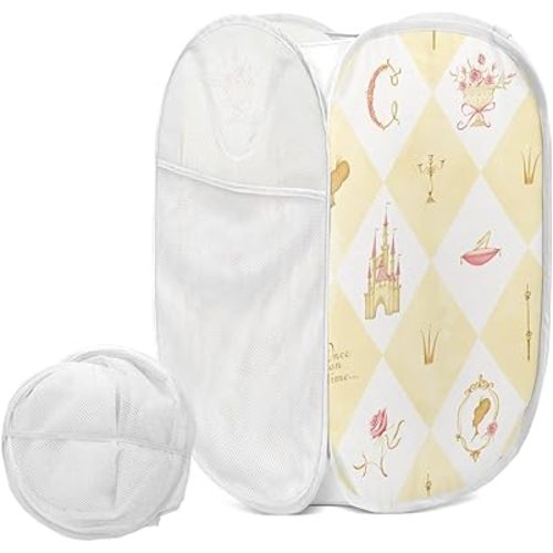 Princess Yellow Laundry Basket Hamper,Collapsible Mesh Baskets for Kids Room,Clothes, Nursery Decor