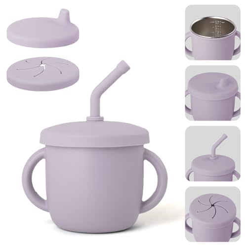 Bakpoco 4-in-1 Stainless Steel Silicone Sippy Cup, 8.5oz Toddler Open Cup with Straw, Sippy & Snack Lids, For Baby Led Weaning, Toddlers 1-3 Years Trainning Kids Drinking, Dishwasher Safe, Lilac