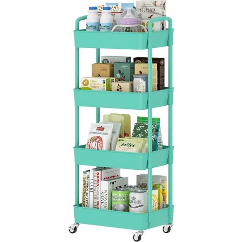 Sywhitta 4-Tier Plastic Rolling Utility Cart with Handle, Multi-Functional Storage Trolley for Office, Living Room, Kitchen, Movable Storage Organizer with Wheels, Green