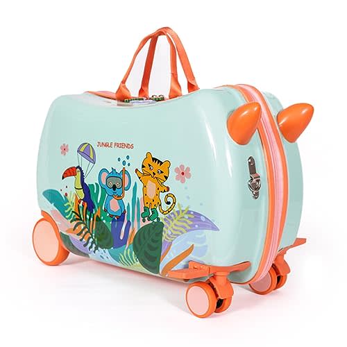 MILK&MOO Rideable Kids Suitcase Jungle Friends, Fun and Safe, Durable, Spacious and Ergonomic Design, 360° Swivel Wheels, for Children Aged 2-6 Years, 21 L, Maximum Riding Weight 50 kg / 110 Lb