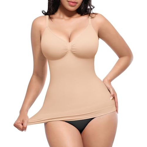 SHAPELLX Women Tank Top Tummy Control Seamless Cami Shaper V Neck | Compression Shapewear, Smooth Tummy & Waist Control, Ruched Bust, No-Roll Hem, Adjustable Straps, Breathable Daily Wear