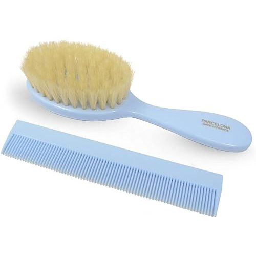 Parcelona French Grooming Combo Blue 6” Celluloid Soft Natural Silk Bristles Baby Brush and Comb for Girls and Toddlers (Blue)