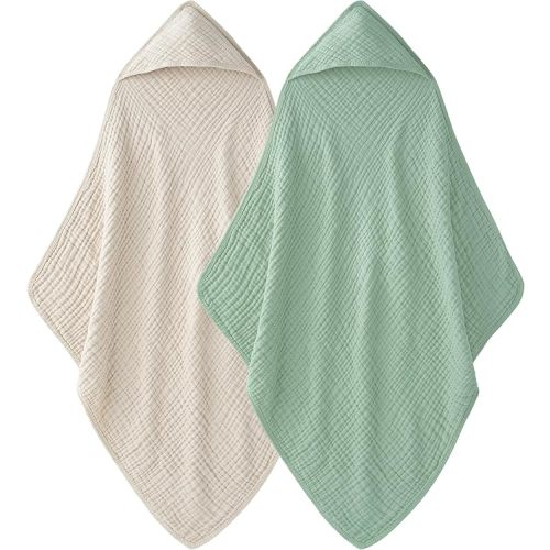 Hooded Baby Towels for Newborn - 2 Pack, 100% Muslin Cotton, Baby Bath Towels with Hood, Soft and Absorbent for Boys, Girls Infant, Toddler and Kids, Large 32x32 Inches, Newborn Essential