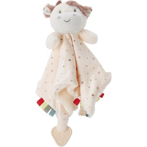 Linzy 14" Secure Cow Lovey for Babies – Soft Cow Plush Stuffed Animal Blanket with Colorful Dots, Cute Snuggle Comfort Toy with Raffles and Soothers for Newborns, Babies & Toddlers