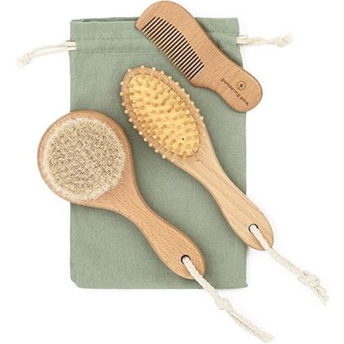 Natural Baby Hair Brush Set with Boho Bag - Goat Hair Cradle Cap Brush, Toddler Brush and Comb - Scalp Grooming Baby Hairbrush for Newborn and Infant, Wooden Brushes for Boys and Girls