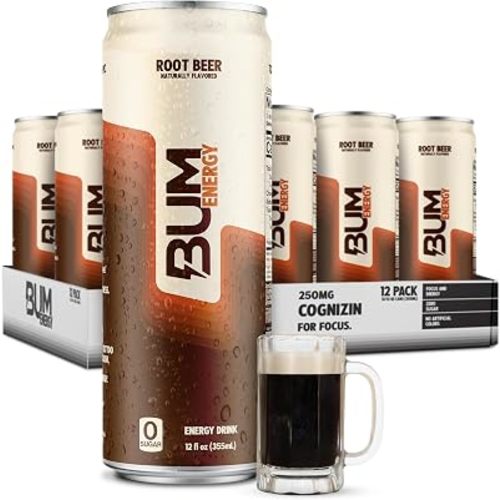BUM Sugar Free Energy Drink, Nootropics, Root Beer 12 Pack, 12 Fl Oz