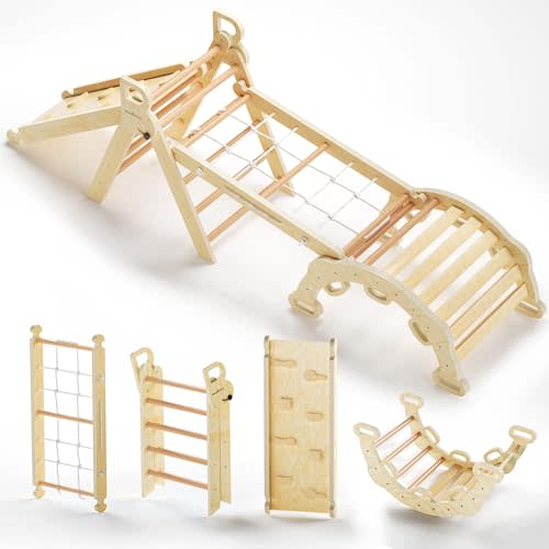 BlueWood 2025 8-in-1 Pikler Triangle Climbing Set Toddler Toys Indoor Baby Jungle Gym Climber Playground for Kids - Natural Wood