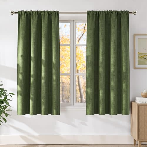 NICETOWN Froest Green Faux Linen Room Darkening Rod Pocket Curtains 63 inch Length, W42 x L63, Light Blocking Thermal Insulated Noise Reducing Drapes for Bedroom Living Room Farmhouse Decor, 2 Panels
