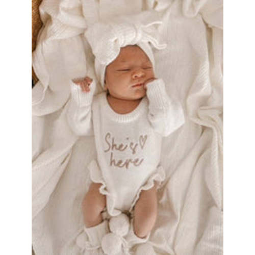 "SHE'S HERE" HEART FRILL ROMPER | MILK – The Honey and Bro Co.