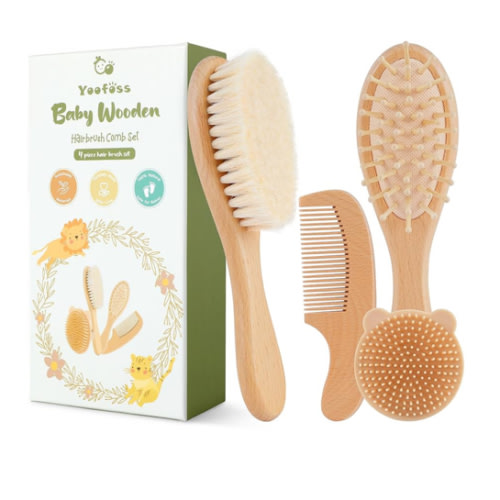 Yoofoss 4 Piece Baby Brush and Comb Set, Wooden Baby Brush with Natural Ultra Soft Goat Hair, Baby Hair Brush for Newborn, Baby Brush Set for Boy Girl