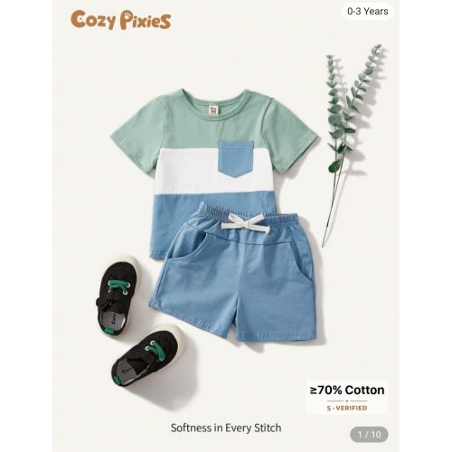Cozy Pixies Baby Boys' Color Block Round Neck Short Sleeve Top And Sports Shorts Set | SHEIN USA